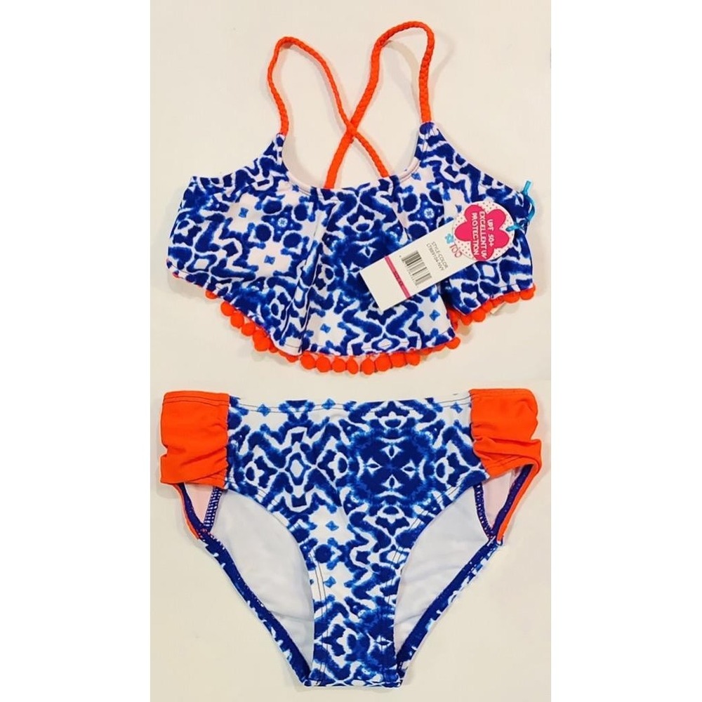 New Limited Too Girls 6x Blue Orange Fringe 2 Pc Bikini Swimsuit